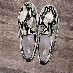 Dr. Scholl's Slip-On Sneakers in Black and Cream Snakeskin